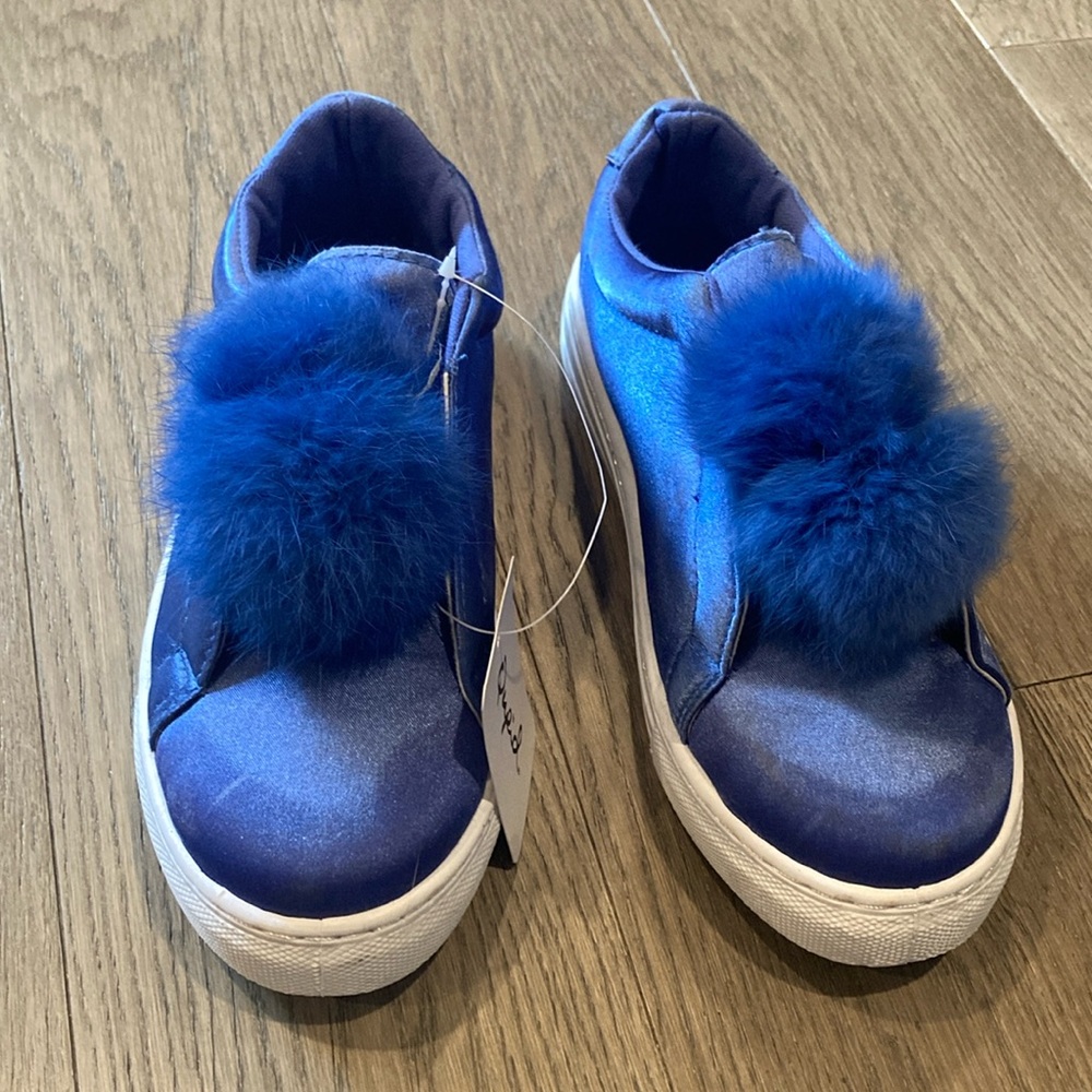 Qupid satin slide sneakers with fur puff on front